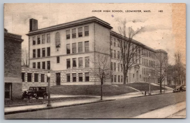 Leominster MA Junior High School Old Cars Fire Hydrant C1920 Postcard G21
