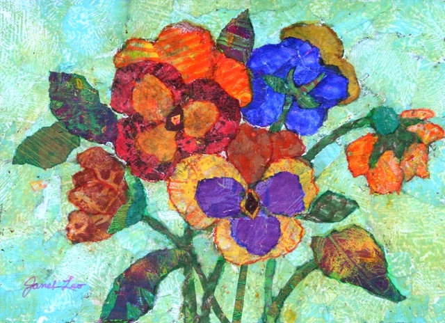 JANET LEO  sfa   ORIGINAL MIXED MEDIA   collage  PANSIES  floral
