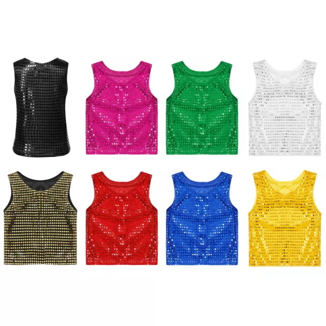 Girls Boys Sparkly Sequin Dance Tops Latin Hip Hop Jazz Street Tank Top Vest