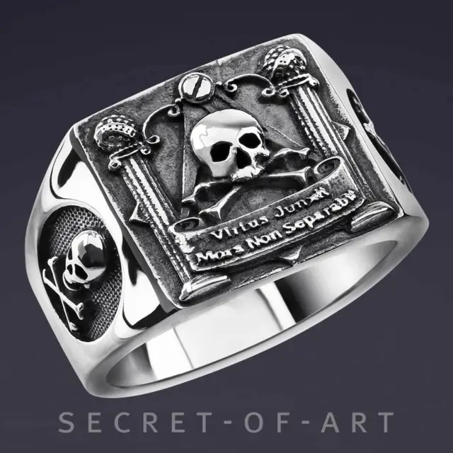 Freemason Ring Masonic Skull Pillars Signet Silver 925 Virtus Biker Memento Mori