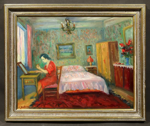 Early 20th Century Oil Painting signed Jacques Zucker, Interior of a Bedroom