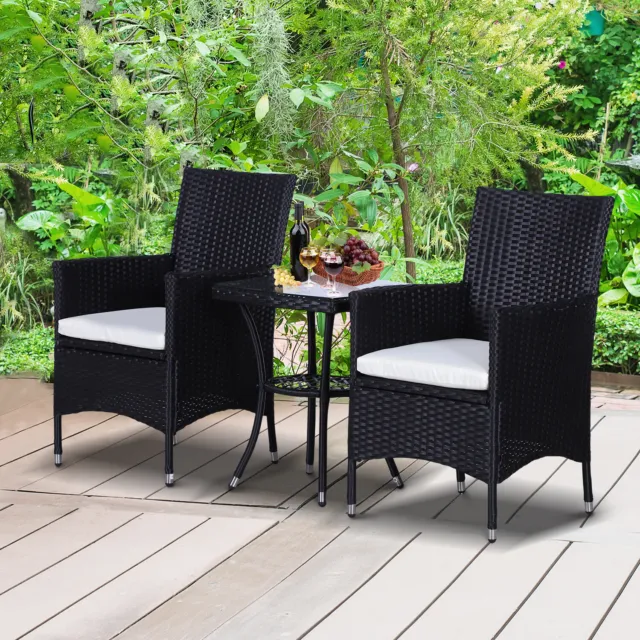 3PC Rattan Furniture Bistro Set Garden Table Chairs Patio Outdoor Wicker Black