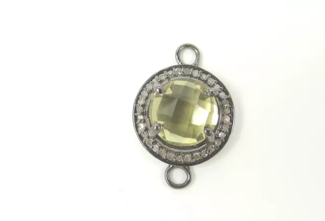 Pave Diamond Lemon Quartz Coin Sterling Silver Black Rhodium Plated Connector