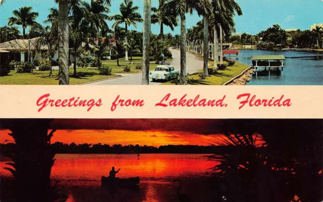 Lakeland FL Florida Banner Lake Wire Hunter Mirror Fishing Night Vtg Postcard U8