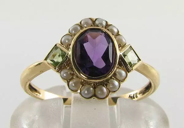 Suffragette 9Ct 9K Yellow Gold Amethyst Peridot Pearl Art Deco Ins Cluster Ring