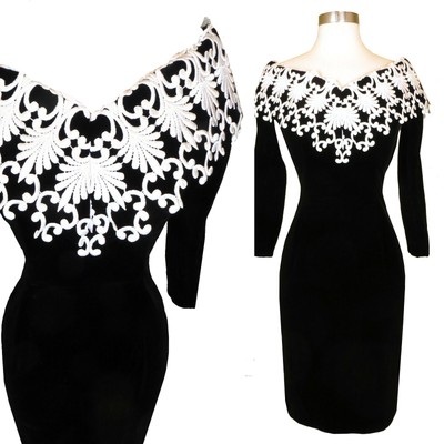 Vintage 80s 90s Black Velvet White LACE Cocktail Party Long Sleeve Prom Dress S