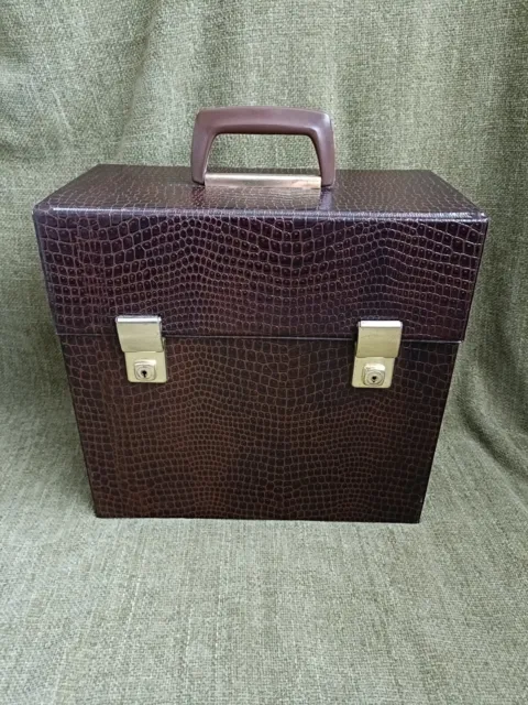 Vintage Record Storage Box Carry Case Brown Faux Crocodile Skin 12” Vinyl + Keys