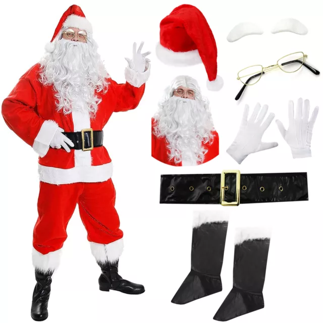 Adults Santa Claus Costume 10 Piece  Suit Father Christmas Xmas Mens Fancy Dress