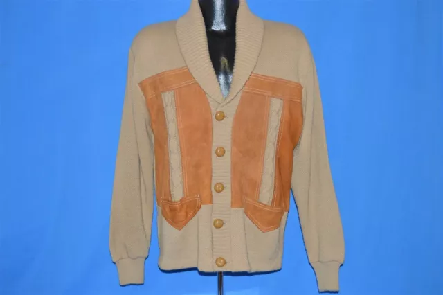vintage 70s BROWN BUTTON FRONT SHAWL FAUX LEATHER CARDIGAN SWEATER 2