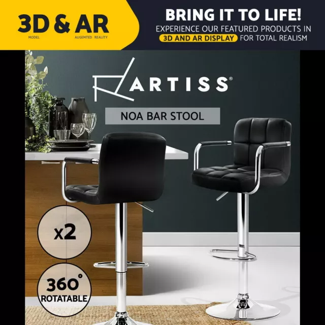 Artiss 2x Bar Stools Kitchen Counter Stool Gas Lift Leather Armrest Chairs Black