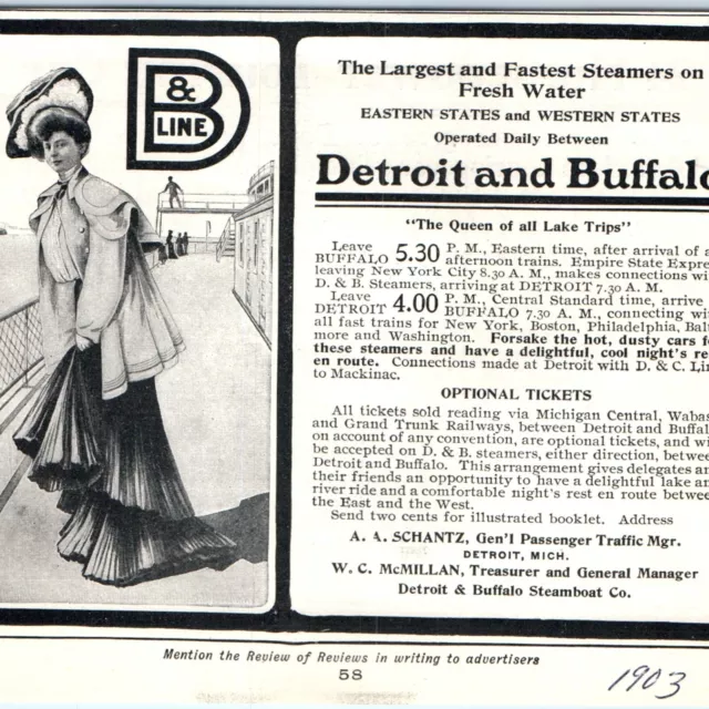 1903 Detroit & Buffalo Steamboat Print Ad Freshwater Steamer D&B Steam Line 1W