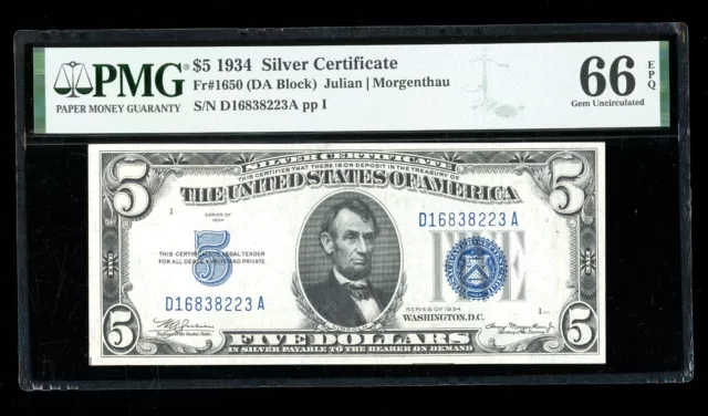 DBR 1934 $5 Silver Gem Fr. 1650 DA Block PMG 66 EPQ Serial D16838223A