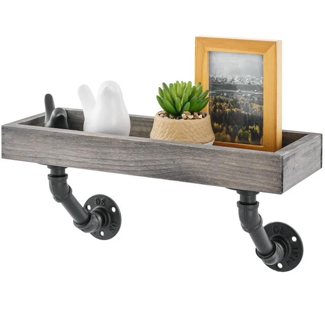RUSTIC WEATHERED GRAY Wood Wall Floating Shelf w/ Industrial Metal Pipe