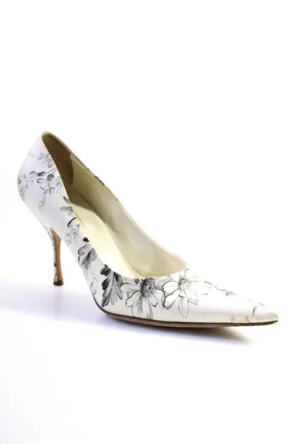 Prada Womens Satin Floral Print Pointed Toe Pumps White Black Size 39 9