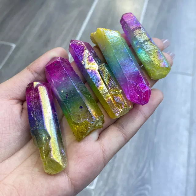 5pc Color quartz titanium rainbow aura lemurian crystal wand point healing
