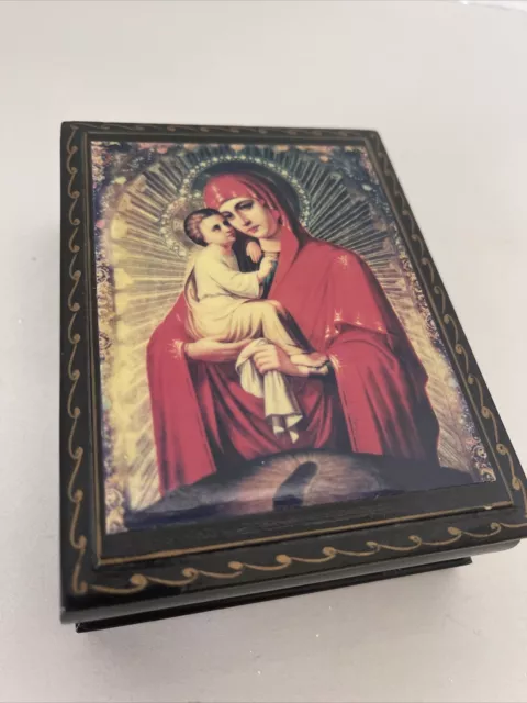Russian Box Madonna And Child Icon Lacquered Hinged Lid Handcrafted 4.5x3.5x1.5”