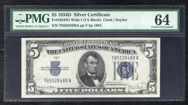 FR. 1654-Wi WIDE I 1934-D $5 FIVE DOLLARS SILVER CERTIFICATE PMG UNCIRCULATED-64