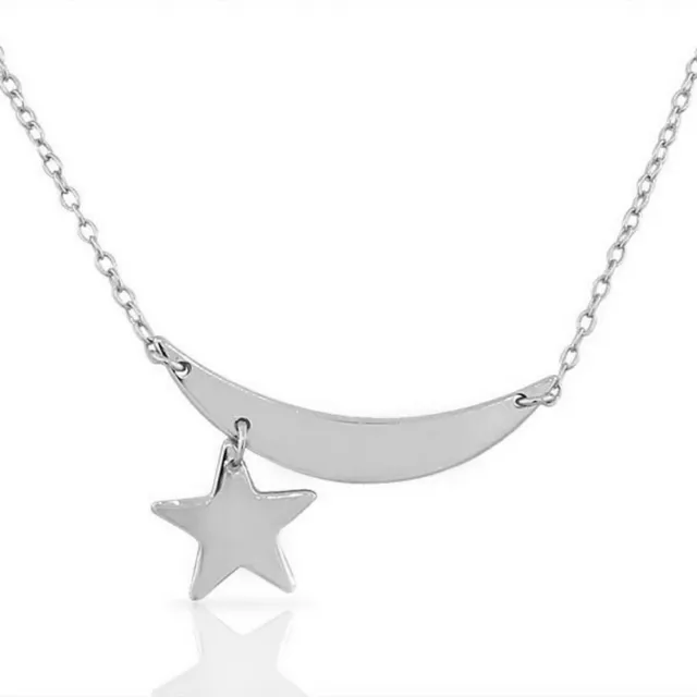 Sterling Silver Womens Half-Moon Star Horizontal Sideways Pendant Necklace