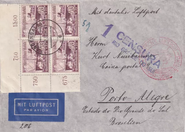 11. DR Luftpost Langensalza Brasilien 4x 40 Pf Schiffe MeF Zensur Stempel