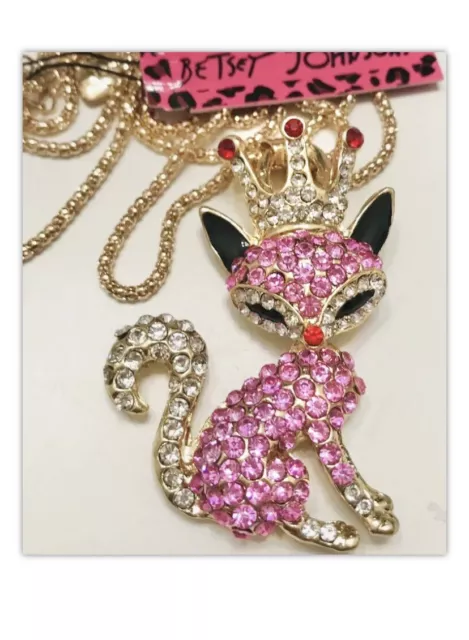 Betsey Johnson Pink Sparkly Rhinestone Crown Cat Fox Pendant Necklace NWT