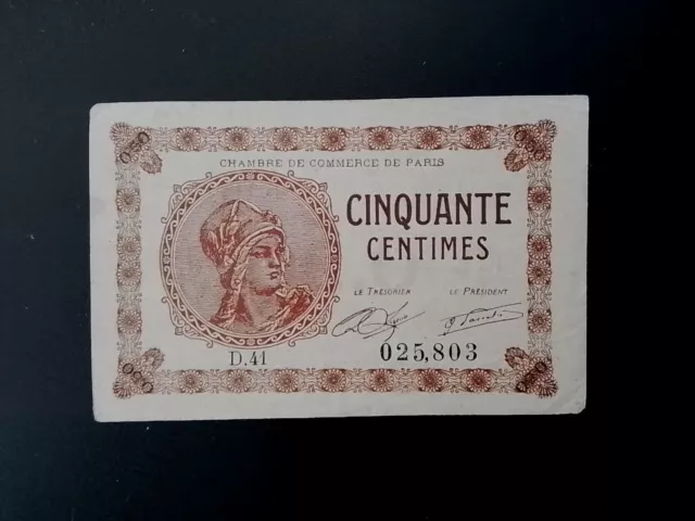 FRANCE PARIS _ 50 CENTIMES BANKNOTE _ 1920 _ aVF