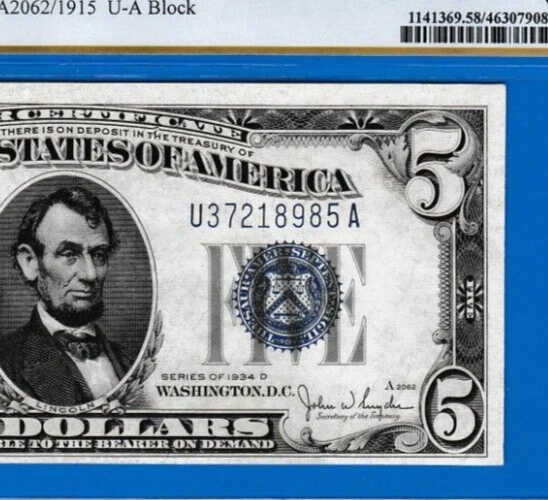 $5  1934 D  SILVER CERTIFICATE NOTE  S/N U 37218985 A Fr. 1654 PCGS 58 PPQ