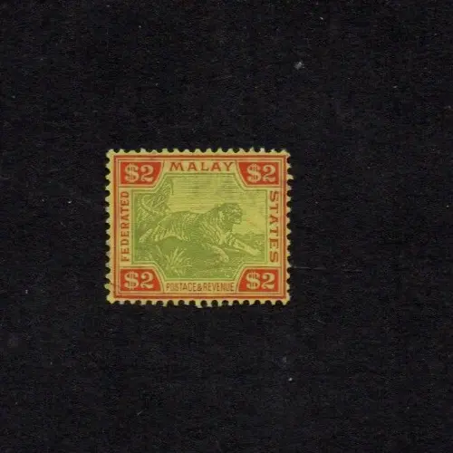 FEDERATED MALAY STATES 1934 $2 GREEN & RED on YELLOW TIGER STAMP GU SG 79 c£50+