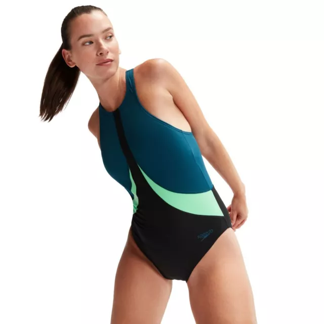 Speedo Womens Colourblock Highneck Crossback Swimsuit - Black/Dark Teal/Green