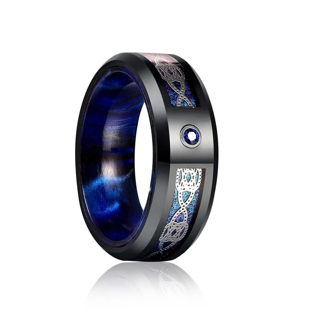Tungsten Ring Blue 8MM Celtic Zircon Dome Black Polished Men Party Jewelry