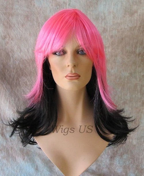 SALE Hannah Hot Pink Over Black Long Wig Feathered Layers Bangs Pink Nite