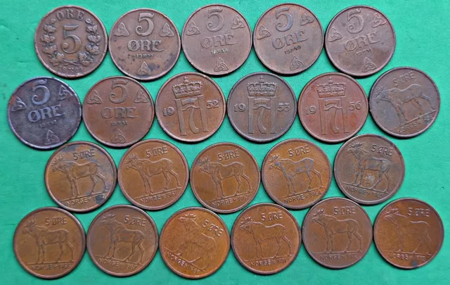 Lot of 22 Different Old Norway 5 ore Coins 1899-1973 Vintage World Foreign !!