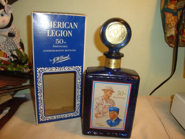 Vintage 1969 American Legion 50th Anniversary Cobalt Blue Bourbon Bottle-JW Dant