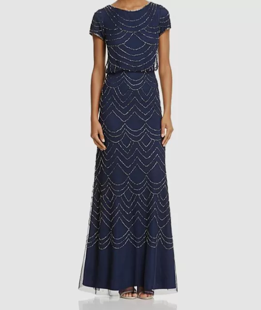 $209 Adrianna Papell Women's Blue Short Sleeve Beaded Blouson Gown Dress Size 4