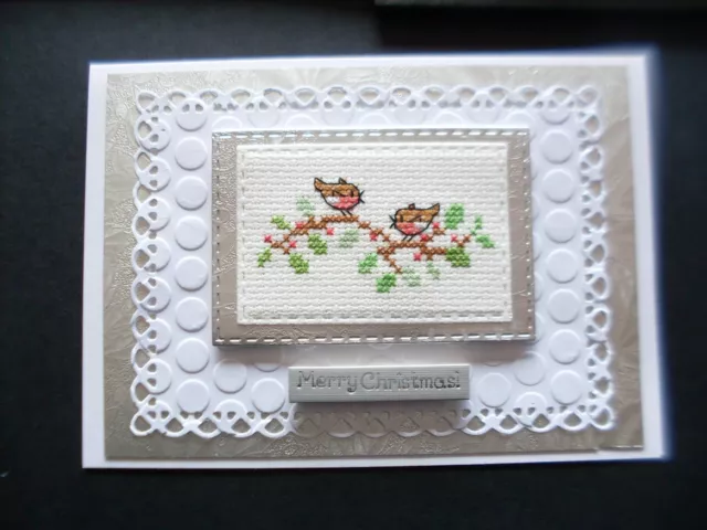 Hand Made Completed Cross Stitch  Cards  Christmas  Robins