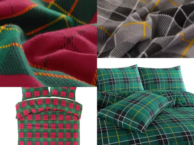 Thermal Tartan Check Flannel Duvet Cover Set, Fitted/Flat Sheet Set 100% Cotton