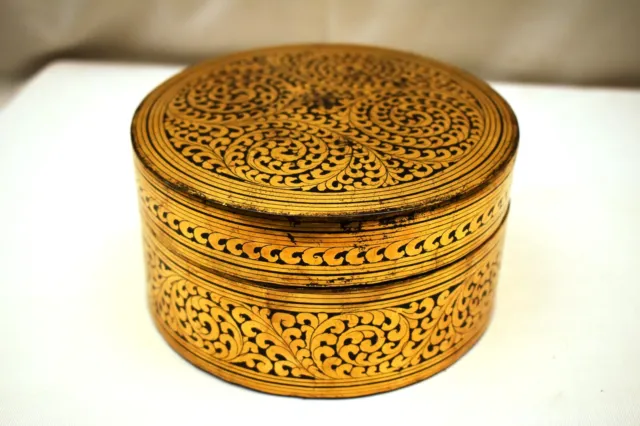 Antique Burmese Betel Nut Box Gilt Lacquerware Myanmar Floral Gold Painted Old"4 4