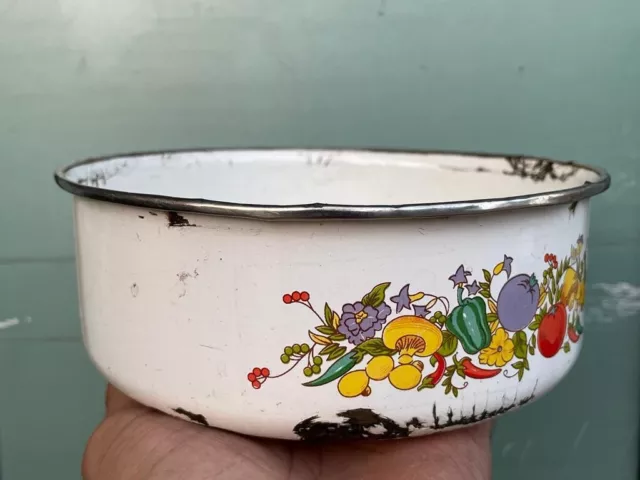 Alt Vintage Selten Einzigartig Blumen Porzellan Emaille Eisen Schale (L) 3