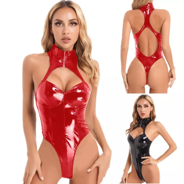 Women's Leather Bodysuit One Piece Leotard High Cut Teddy Catsuit Party Clubwear