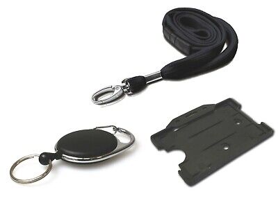 ID Neck Strap Lanyard, ID Card Holder & Retractable Key Reel Badge Holder Black