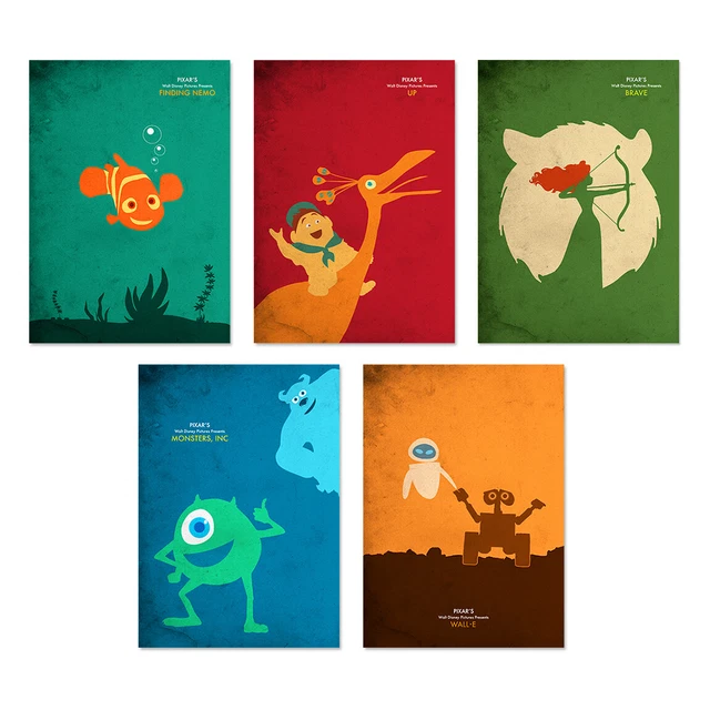 DISNEY PIXAR MINIMALIST Movie Poster Set, Brave, Up, WallE, Finding