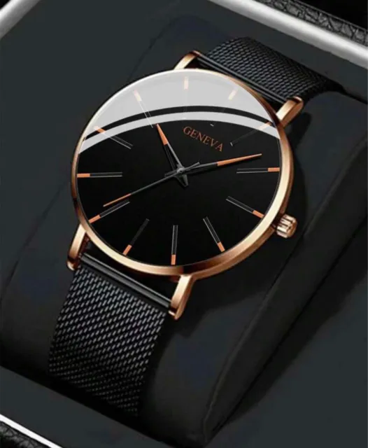 Mens Watch.. Ultra Thin Black & Gold Business Watch with Mesh Strap Quartz UK