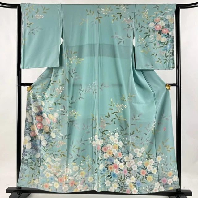 Woman Japanese Kimono Houmongi Silk Chrysanthemum Flower Light Green