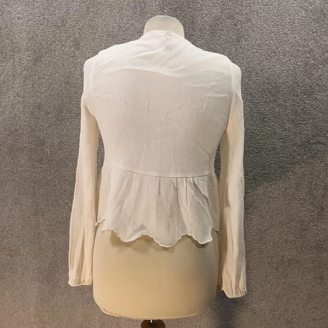 H&M Camicetta Top Cream Crrinkle Ricamo Orlo A Maniche Lunghe Tessuto Trasparente Uk 4 2