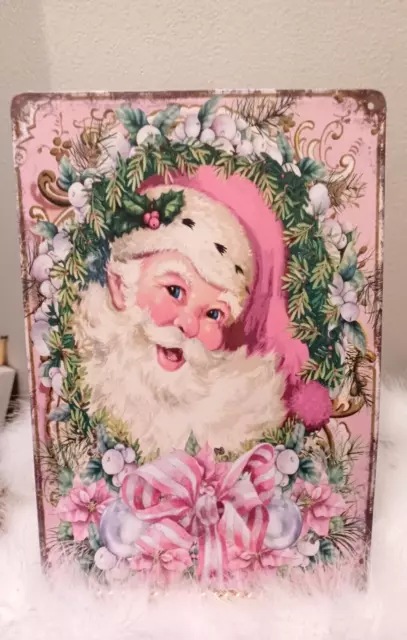 Christmas Pink Santa Tin Sign Shabby Chic  Roses Picture Vtg Holiday Inspired