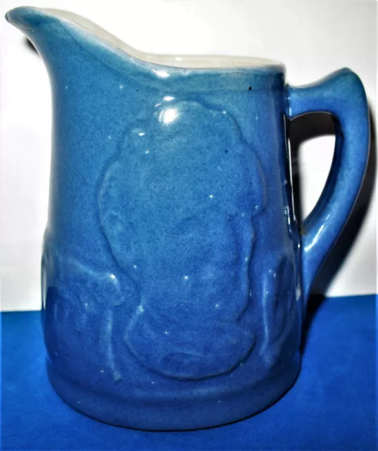 Vintage Blue Unmarked Uhl Pottery Lincoln Bust  Half Pint Pitcher 3