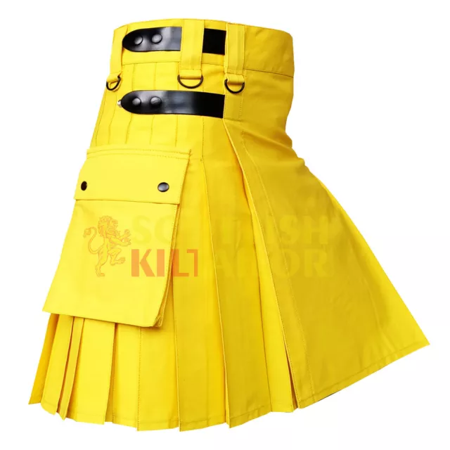 Handmade Utility Kilt Yellow Utility Kilt Deluxe Leather Stripe Hybrid Kilt