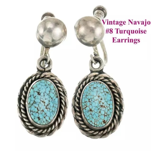 Vintage NAVAJO Earrings NUMBER EIGHT Turquoise #8 Sterling Silver Clips Screw B