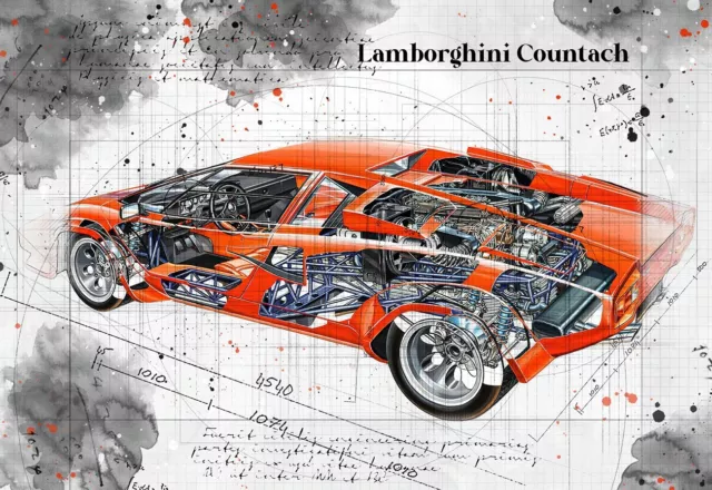 Line Tech Drawing Lamborghini Countach     Car Classic Cutaway Art Poster Print