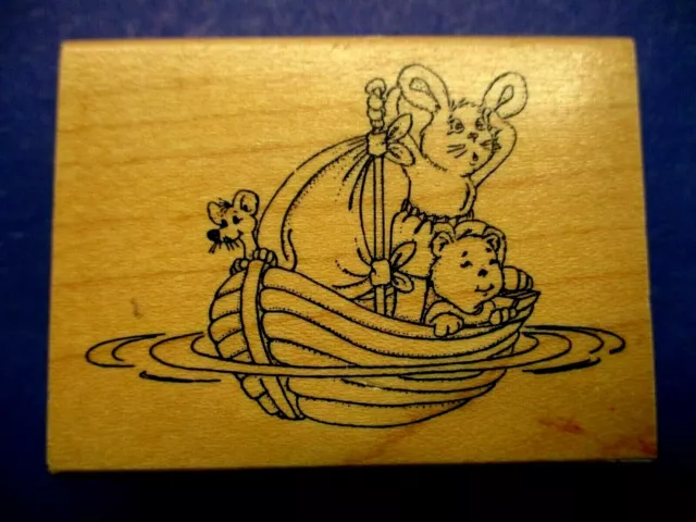 Animals Rat Bear Bunny In Boat Art Impressions Rubber Stamp Wood Mtd