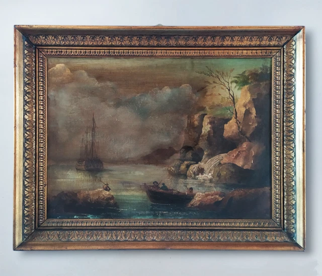 Antico Quadro Dipinto ad Olio Marina con Nebbia Paesaggio Costiero Vascello